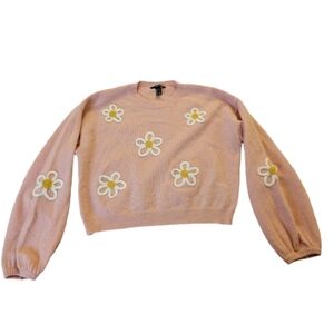 Forever 21 Pink Floral Daisy Crew Neck Sweater Blouse Sleeve Size L Hippie 70s